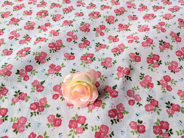 Pink Sally Poly Cotton Triple Rose Floral Fabric, Small Print Fabric, Small Flower Fabric